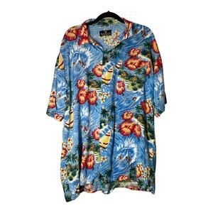 Gazoz Surf Wear Mens Hawaiian Button Front Shirt Blue Short Sleeve Tropical XL